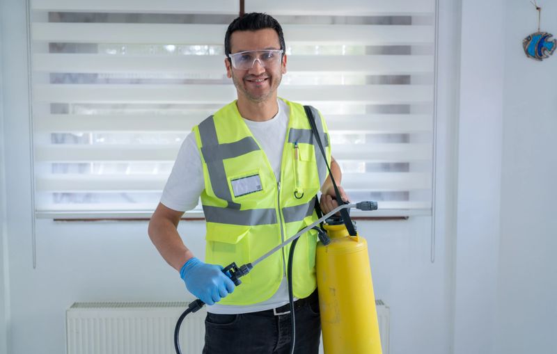 Portrait Of Male Worker Spraying Insecticide With Sprayer At Home