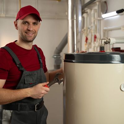 Plumber fixing a water heater with a wrench.