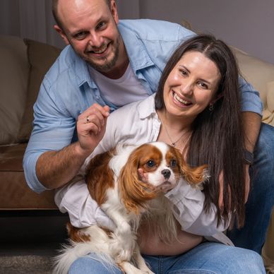 Three Cavalier puppies sitting in a row on a wooden porch. Cavalier Puppies for sale near me Cavalier King Charles Spaniel