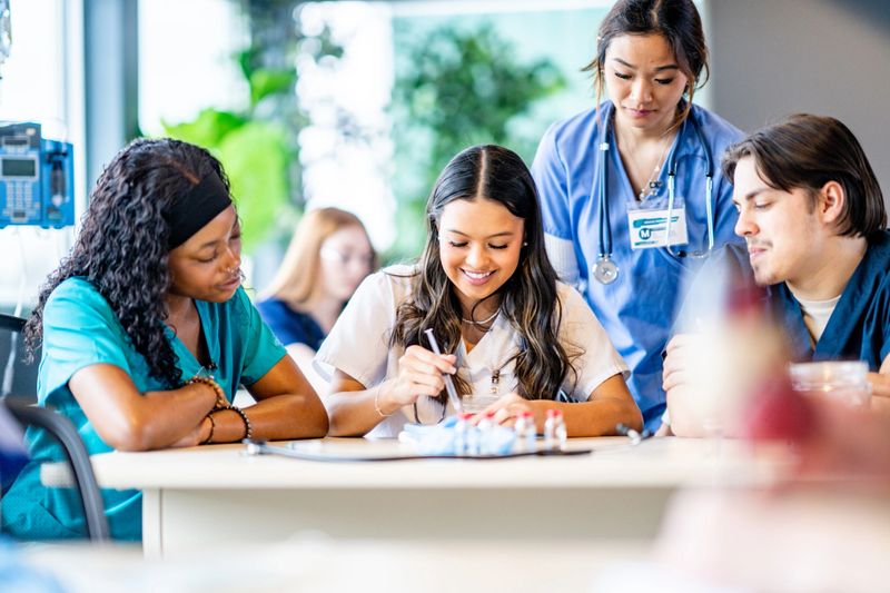 A small group of medical students huddle around a desk as they work together at practicing safe injections and becoming comfortable with medical procedures.  They are each dressed professionally in scrubs and focused on the task.