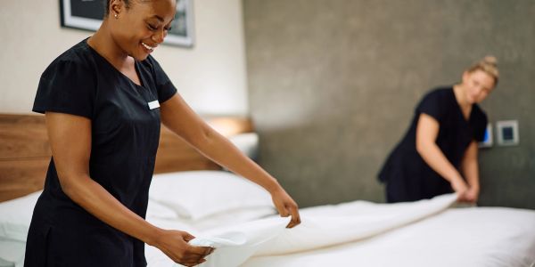 Two women making a bed in a hotel room.
