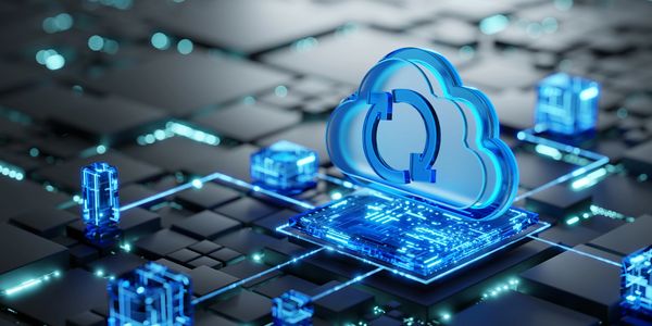 3D digital cloud synchronization icon on a futuristic circuit board with glowing blue elements.