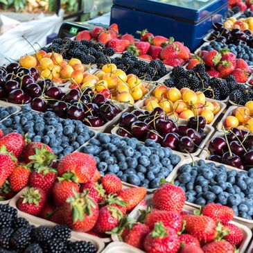 Bursting with color, ripe fruits — apples, grapes, berries — fresh selections for chefs & retailers.