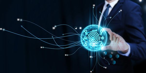 Businessman interacting with a glowing digital fingerprint and connected nodes.