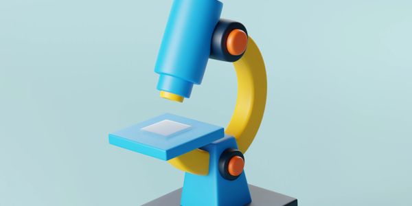 3D illustration of a colorful microscope on a blue background.