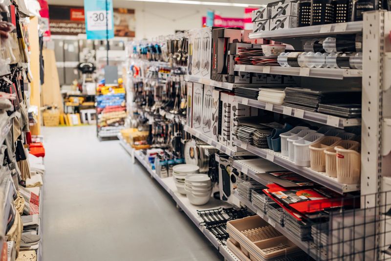 Kitchen accessories on the shelves of the department store