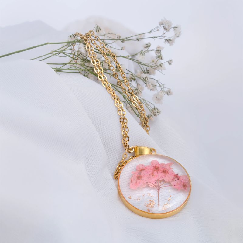 Gold Chain Pendant jewellery with Real preserved flower inside | Modern fashionable Pendant Designs for Women in Pink Color
