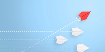 paper airplane diverting on a new bold path and beating competition