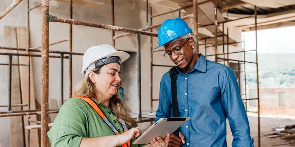 Two construction workers in helmets discussing plans on a tablet.