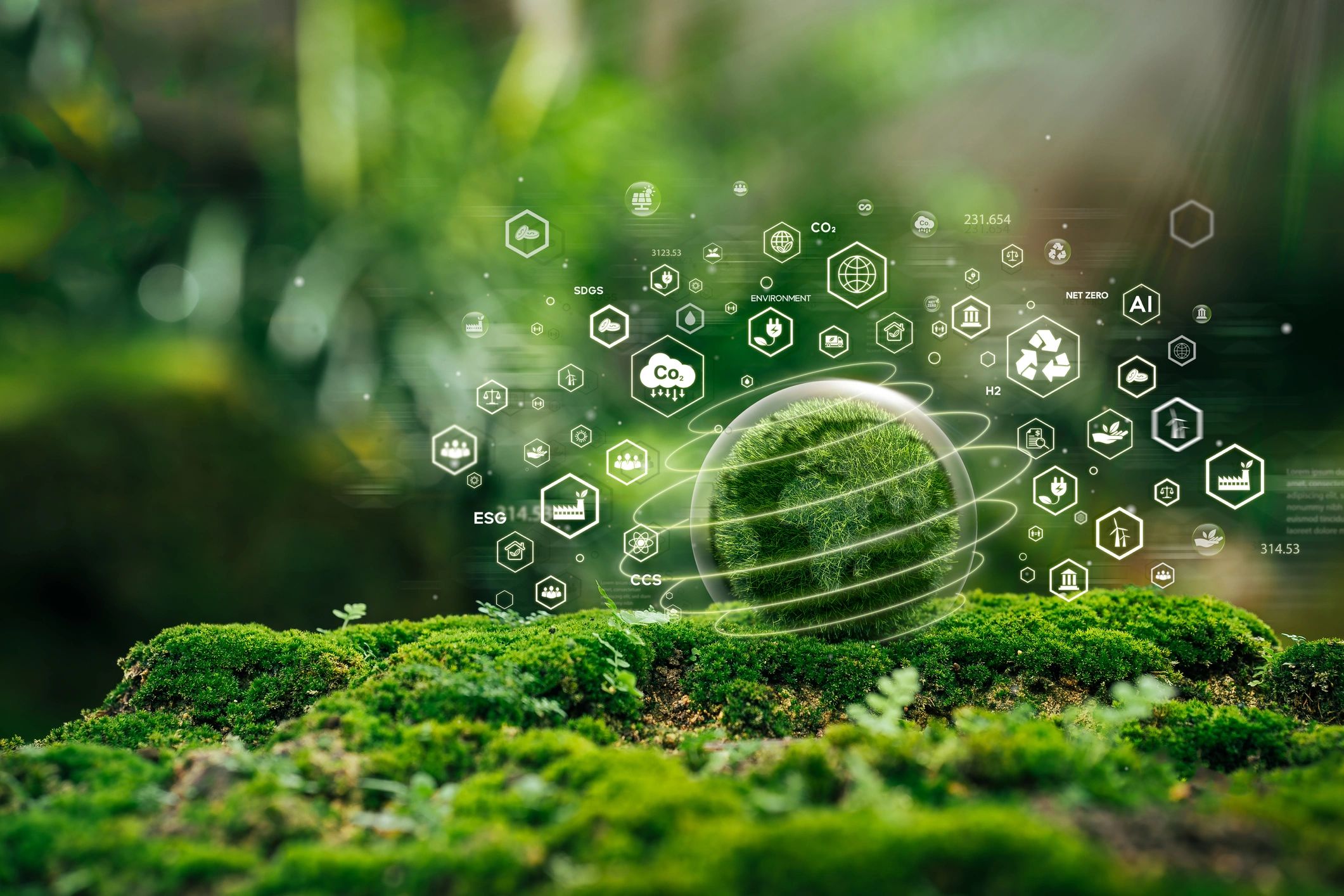 Green sphere surrounded by environmental and sustainability icons on moss.