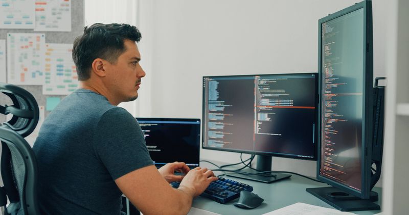 Young man software developers using computer to write code application program for AI technology development sitting at desk with multiple screens work at home office. Programmer development concept.