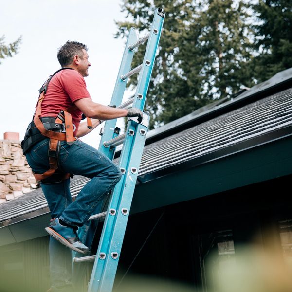 Man climbing a ladder with safety harness to roof.