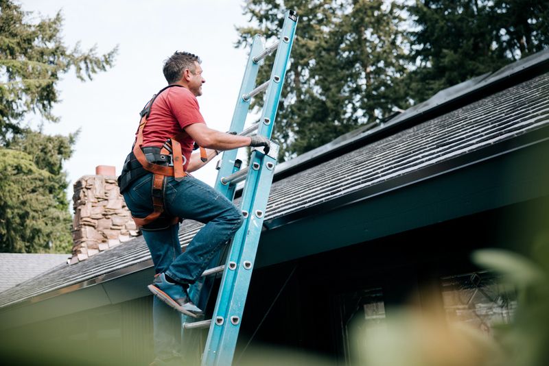A professional solar panel crew installs panels on the roof of a house in Washington state, USA.  Green environmentally friendly energy.