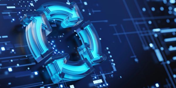 3D blue digital recycle arrows on circuit board background.