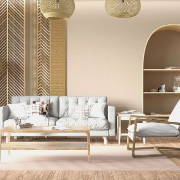 Cozy modern living room with neutral tones and wooden accents.