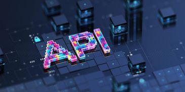 Colorful 3D letters spelling API on a futuristic digital circuit board.