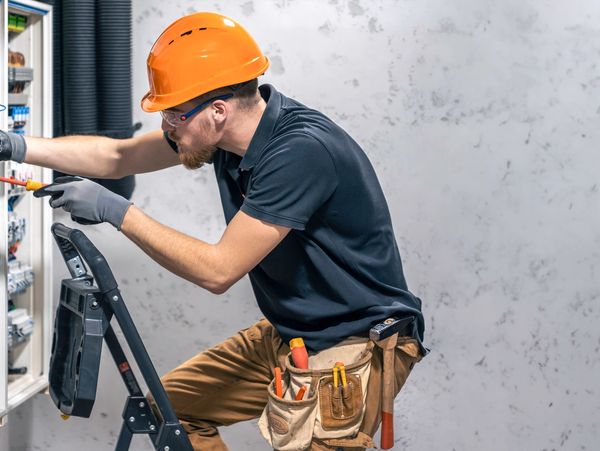 Electrician in safety gear working on an electrical panel.