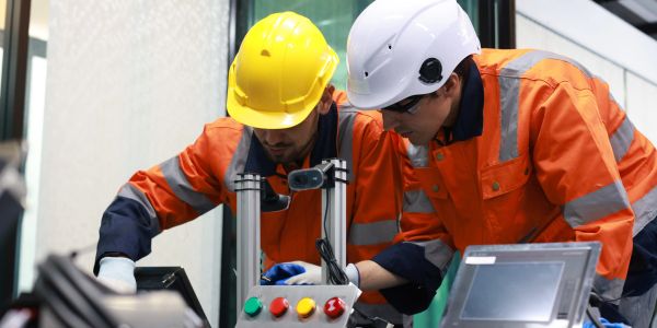 Two engineers checking machinery in a factory.