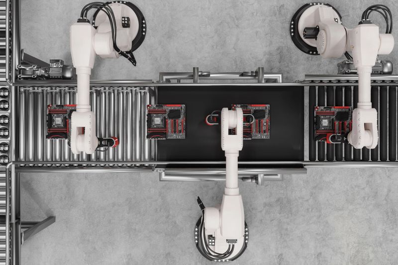 High Angle View Of Circuit Boards On Production Line With Robotic Arms Working On