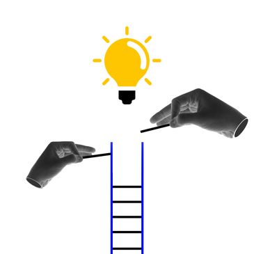 Hands assembling a ladder with a light bulb above symbolizing an idea.