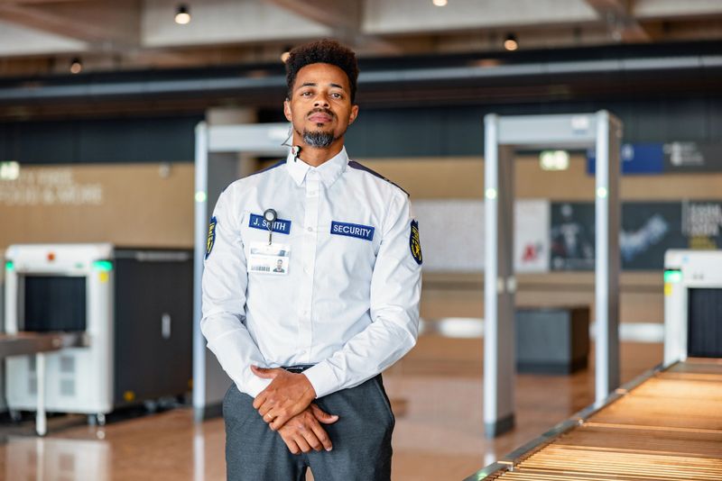 Portrait of a mid adult Black male security worker posing for a photo in an airport lobby, looking at the camera, wearing a uniform shirt and an ear piece. Waist up shot.