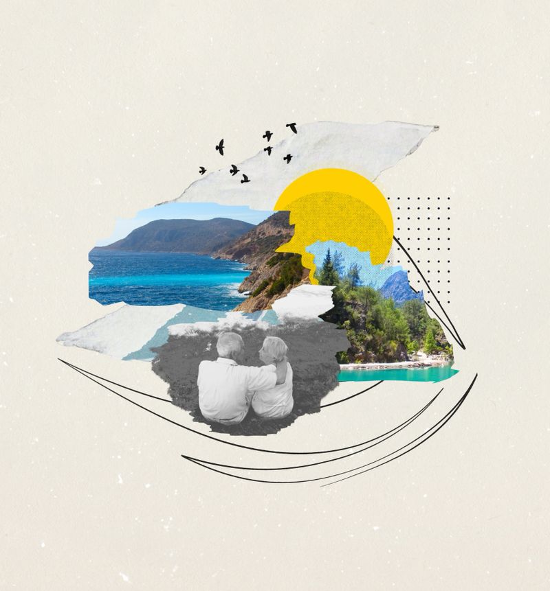 Senior couple walking together on abstract background. Retired elderly people man and woman enjoy and fun outdoor activity - lifestyle, travel, nature, hiking and summer vacation concept.