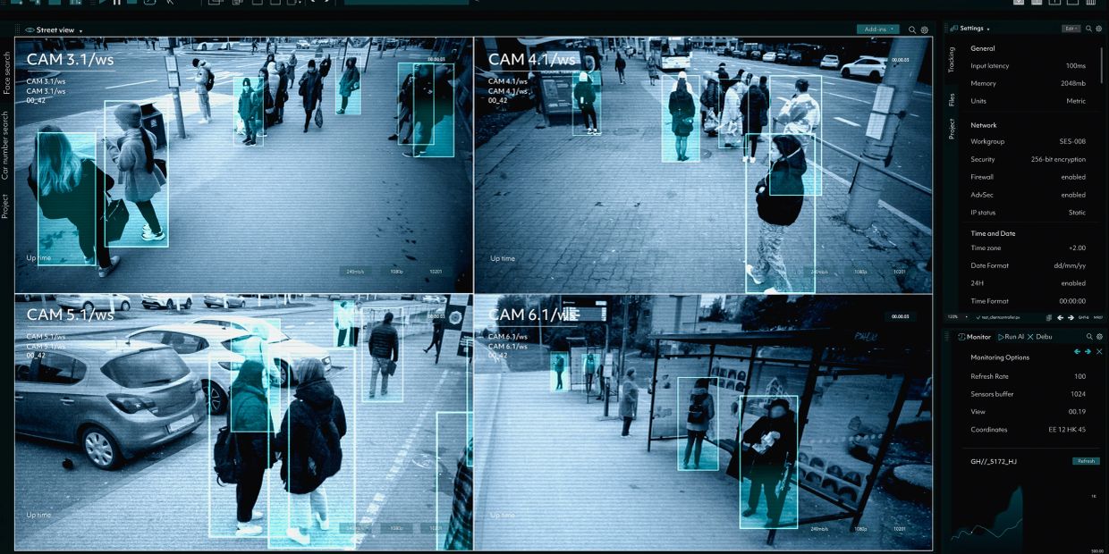 Surveillance footage showing multiple people detected in four different camera views.