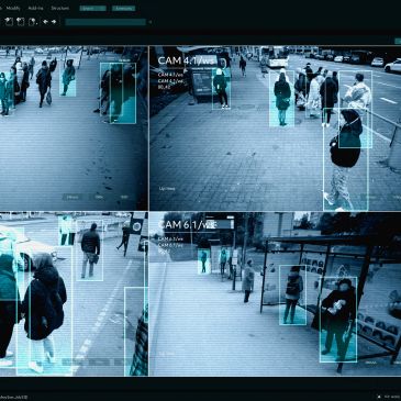 Surveillance system tracking multiple pedestrians in a city environment.
