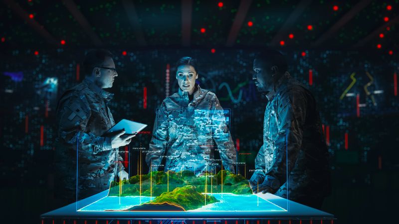 Futuristic Warfare Strategy: Military Intelligence Experts use Holographic Augmented Reality Table Map to Scan Enemy Position. Army Recoinessance Use 3D Surveillance Tech, Data Analysis to Win War