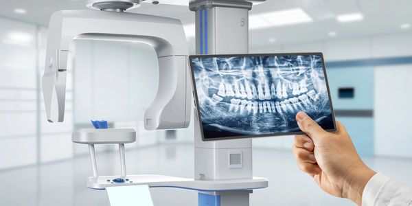 Dental professional reviewing a panoramic dental X‑ray in clinic,
Technology and IT support image
