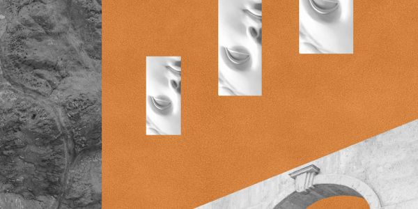 Abstract architectural collage with orange, gray, and white elements.