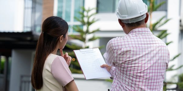 Engineer discussing a checklist with a woman outside a modern house.