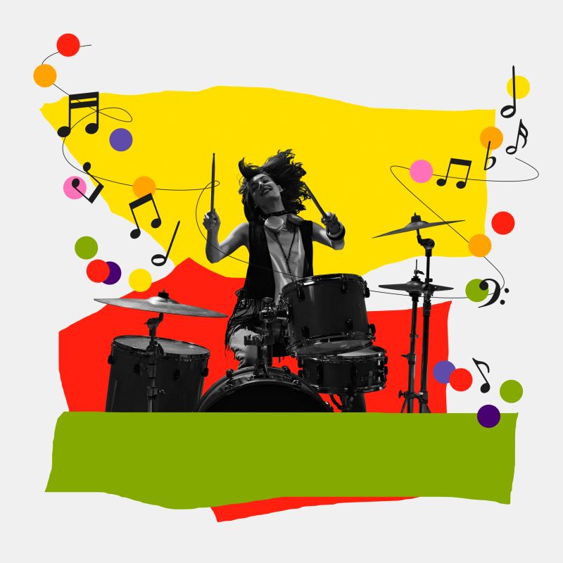 Black and white image of artistic young woman playing drums on white background with abstract colorful elements. Contemporary art. Concept of music festival, creativity, inspiration, event. Poster