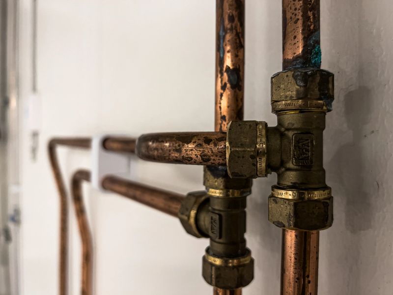 Rusty copper pipes for drinking water installation background on a white wall
