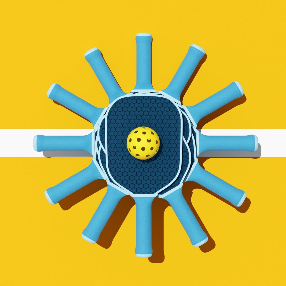 Blue pickleball paddles arranged in a circle with a yellow ball in the center on a yellow and white background.