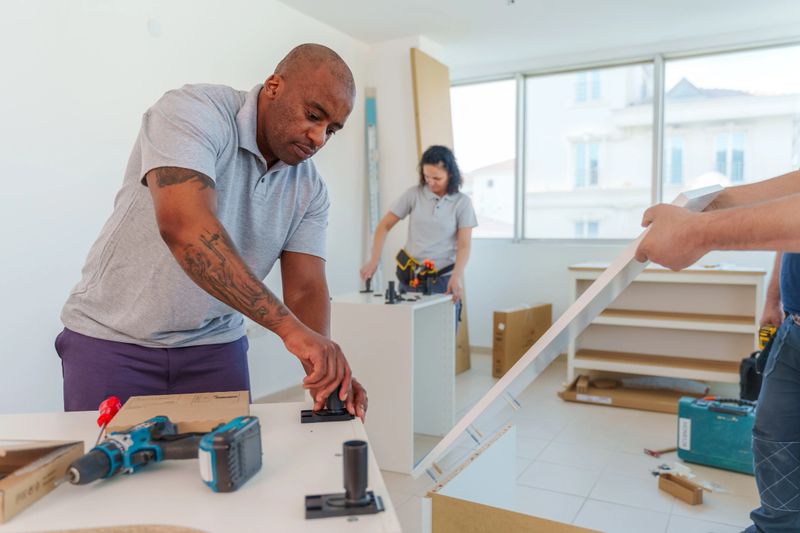 Kitchen fitters installing  cabinets, two joiners installing a kitchen