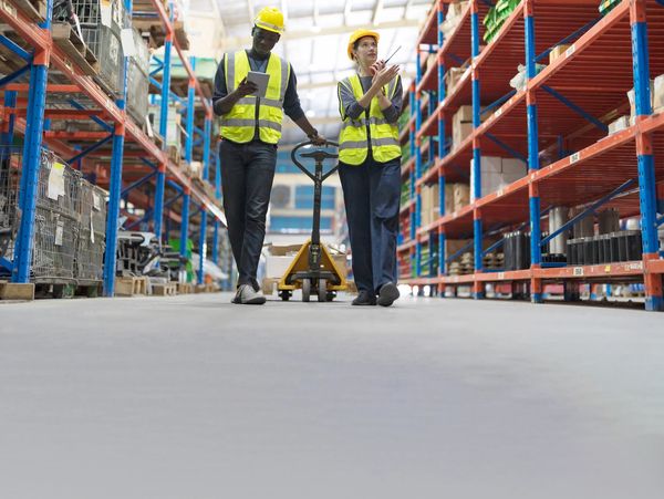 Two warehouse workers in safety gear walking and discussing inventory.