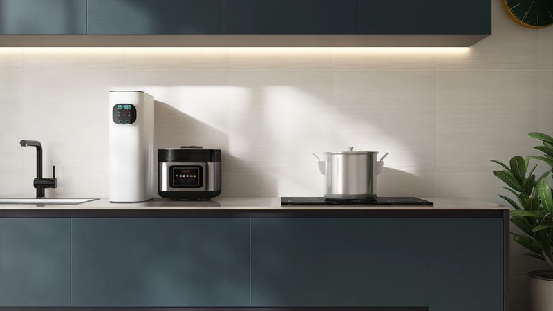 Dark teal green kitchen cabinet counter with water purifier, rice cooker, induction stove and sink, plant in sunlight on white tile splash back wall background 3D