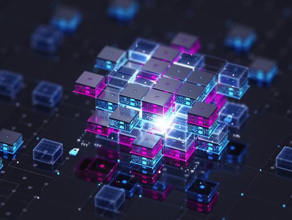 3D glowing digital blocks forming a futuristic network structure.
