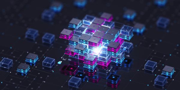 3D glowing digital blocks forming a futuristic network structure.