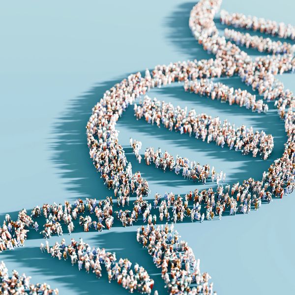 Many people standing like DNA symbol