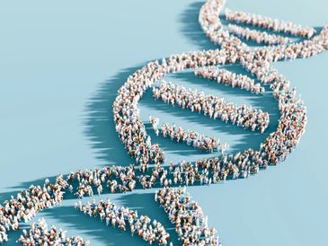 Crowd of people forming a DNA double helix structure on a blue surface.