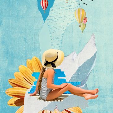 A girl in a striped swimsuit and sunhat amid a surreal collage of sunflowers and hot air balloons.