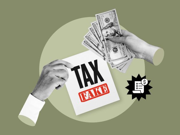 Hands exchanging money and a fake tax document on a muted green background.