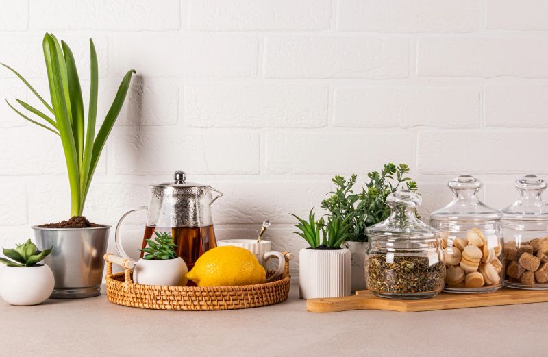 Stylish kitchen background with glass tea pot, lemon, cup, tea jars, sugar, meringue pastry. Green plants in pots. Front view. White brick wall