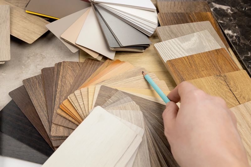 A woman designer shows with a pencil that she is holding in her hand, what is the best choice for the design of your project. The concept of design and selection of materials for the manufacture of furniture