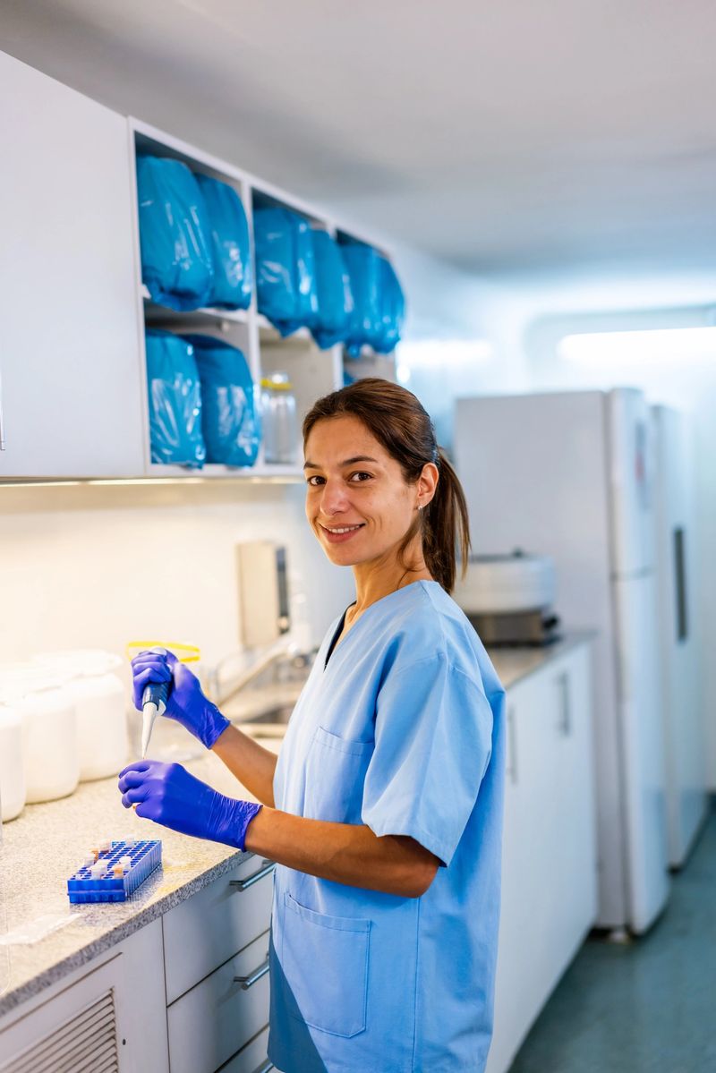 Confident female scientist in a blue lab coat working with test tubes in a well-equipped, bright laboratory. She looks at the camera with a friendly smile.