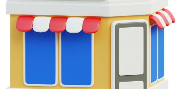 Cartoon-style restaurant building with red and white awnings.