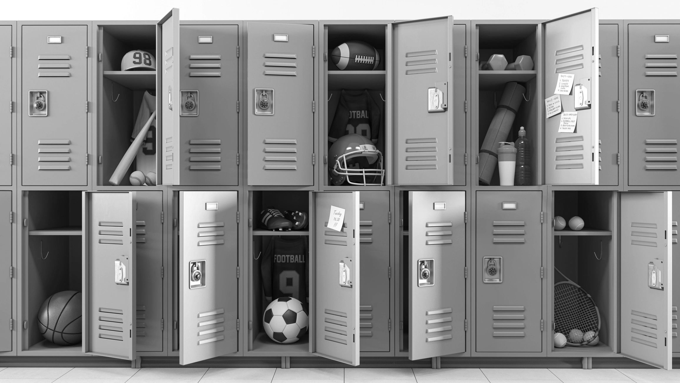 Sport equipment stored in school lockers.