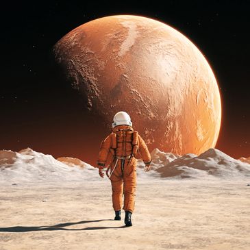Astronaut in orange suit walks on a barren moon with a massive red planet in the sky.